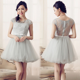 韩式蕾丝定位花公主短款短袖蓬蓬式伴娘姐妹主持小礼服裙灰色