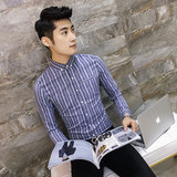 秋季韩版修身男士长袖衬衫纯色休闲紧身发型师条纹衬衣潮薄款春款