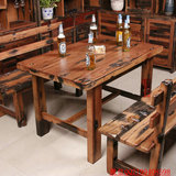 海川木坊 老船木咖啡桌茶餐厅实木餐桌 复古新古典船木家具桌椅子