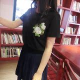 韩版夏季纯色宽松百搭刺绣玫瑰花朵印花贴布圆领纯棉短袖T恤潮女