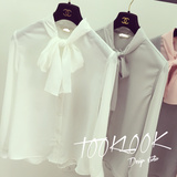 Tooklook2015春季新款 韩国代购蝴蝶结系带领长袖雪纺衬衫女