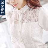 韩版白色蕾丝雪纺打底衬衫女士秋装2015新款长袖立领碎花镂空衬衣
