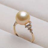 特价包邮 海水珍珠戒指女 天然11-12mm南洋金珠正圆强光戒指 锆石