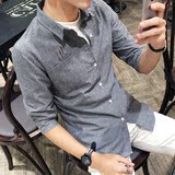 夏季短袖衬衫男修身型青年韩版夏天个性条纹半袖休闲衬衣英伦潮流