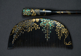 《繁英照潭黛》日本古董首饰 金漆莳绘镶贝螺钿纯银片 梳子发簪
