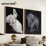 客厅现代装饰画动物客厅创意个性黑白风格餐艺术挂画框鹈鹕与大象