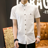 夏季休闲亚麻衬衫男修身款短袖寸衫青年大码衬衣韩版学生白衬衫男