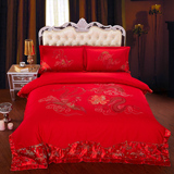 纯棉婚庆4四件套大红刺绣欧式被套床单家纺结婚1.8m床上用品龙凤
