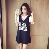 2016夏季新款韩版假两件宽松T恤裙子字母印花短袖学生连衣裙女潮