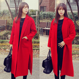 2015冬季新款女装 韩版加长款西装领纯色口袋宽松羊毛呢大衣外套