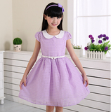 可爱公主裙夏中大女童装粉色紫色短袖娃娃领翻领蓬蓬裙连衣裙短裙