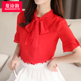 红色衬衫女短袖2016夏新韩版蝴蝶结衬衣荷叶边雪纺衫大码显瘦上衣
