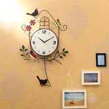 创意挂钟客厅彩绘静音卧室钟表 现代简约时钟小鸟挂表田园石英钟