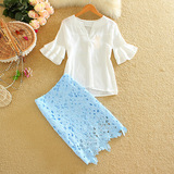 夏季新款韩版连衣裙套装个性白色喇叭T恤套装 短裙包裙套装女二件