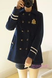 冬季韩版森系少女双排扣宽松学院派海军风毛呢大衣学生中长款外套