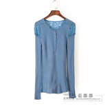 MF春秋装专柜正品品牌女装蓝色后背蕾丝拼接性感修身针织衫 02453