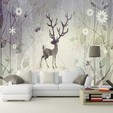 大型壁画客厅电视背景墙壁纸个性复古墙纸鹿林北欧地中海森林麋鹿