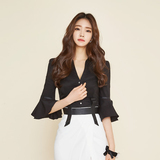衬衣2016秋季韩版气质女装修身显瘦收腰上衣蝴蝶结喇叭七分袖衬衫