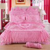 纯棉婚庆4四件套粉色蕾丝欧式被套床单家纺结婚1.8m床上用品永恒