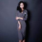 预售2016韩版秋季气质通勤OL条纹西装领长袖职业通勤修身连衣裙
