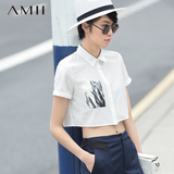 #Amii[极简主义]2016夏女尖领短袖艺术印花短款上衣衬衫11691443