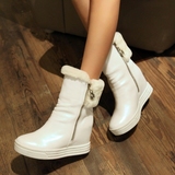 冬季新款白色内增高女短靴 厚底松糕鞋真皮短筒靴 高跟牛皮雪地靴