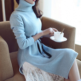 大码女装秋装新款2016韩版低领中长款蕾丝两件套毛衣针织衫打底