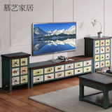 慕艺 实木电视柜 美式乡村欧式复古彩绘电视机柜茶几组合客厅地柜