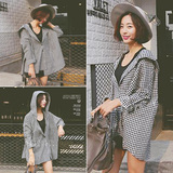 2016夏装新款韩版女装宽松长袖格子连帽中长款衬衣外套女学生衬衫