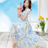 2016夏新款韩版女装雪纺碎花短袖修身气质ol波西米亚沙滩裙长裙