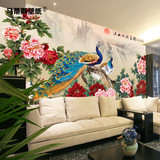 大型无缝3d壁画现代中式花鸟孔雀牡丹电视机背景壁纸客厅卧室墙纸
