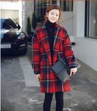 2015春秋新款红色格子羊毛呢外套女韩版中长款潮茧型宽松大衣外套