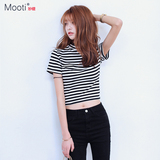 Mooti/妙缇夏季新款韩版修身短款条纹小高领短袖t恤女打底衫上衣