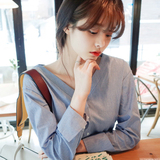 2016秋季新款韩国东大门甜美气质灰单排扣V领细条纹衬衫