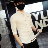 马卢达韩版男士修身中袖衬衫 英伦青年七分袖衬衫男亚麻短袖衬衫