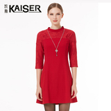 Kaiser/凯撒2016春装新款女装简约修身拼接蕾丝连衣裙红色打底裙