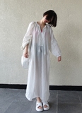 16韩国新款 长袖蕾丝花边小流苏系带 灯笼袖宽松长款连衣裙小白裙