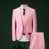 2016春季新款男士长袖西服三件套韩版修身潮流粉红色小西装套装男