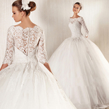 法国蕾丝长袖公主新娘一字肩小拖尾婚纱礼服2016春季新款2211