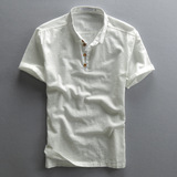 夏季青年男士亚麻衬衫纯色修身套头白色文艺衬衣复古棉麻短袖衬衫