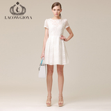 白色连衣裙女夏季短袖印花时尚可爱中裙公主蓬蓬裙子收腰女装