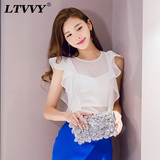 LTVVY女装夏装2016新款韩版修身性感透视网纱短袖雪纺衫短款上衣
