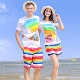 夏季品牌海边度假沙滩情侣装2016款男女白色韩国短袖t恤短裤套装