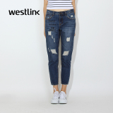 Westlink/西遇2016春季新款 棉字母破洞宽松休闲男朋友风女牛仔裤