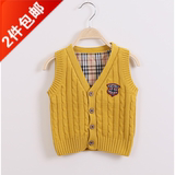 韩版童装春款新品儿童毛衣男童V领针织背心 婴儿宝宝线衣线衫纯色