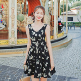 2016夏季韩版雪纺印花V领A字裙高腰短裙甜美无袖连衣裙hb43