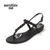 Westlink西遇女鞋2016夏季新款凉鞋女夏亮钻夹趾低跟平底搭扣潮ZG