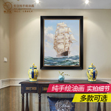 海景帆船手绘油画办公室挂画玄关走廊装饰画竖版欧式客厅壁画