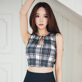 衬衣2016夏季新款韩版性感女装修身高腰显瘦露脐短款无袖格子衬衫