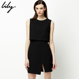 Lily2016夏新款女装商务OL黑色两件式无袖开叉连衣裙116249C7933